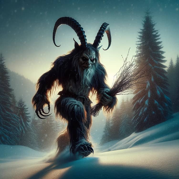 DALL·E 2023-11-21 15.27.48 - A Krampus, a mythical creature from Alpine folklore, standing in a snowy landscape. The Krampus is depicted as a horned, anthropomorphic figure, with